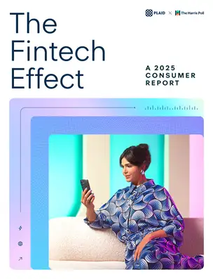 The Fintech Effect – a 2025 consumer report by Plaid and The Harris Poll – cover showing a woman on a sofa looking at her phone